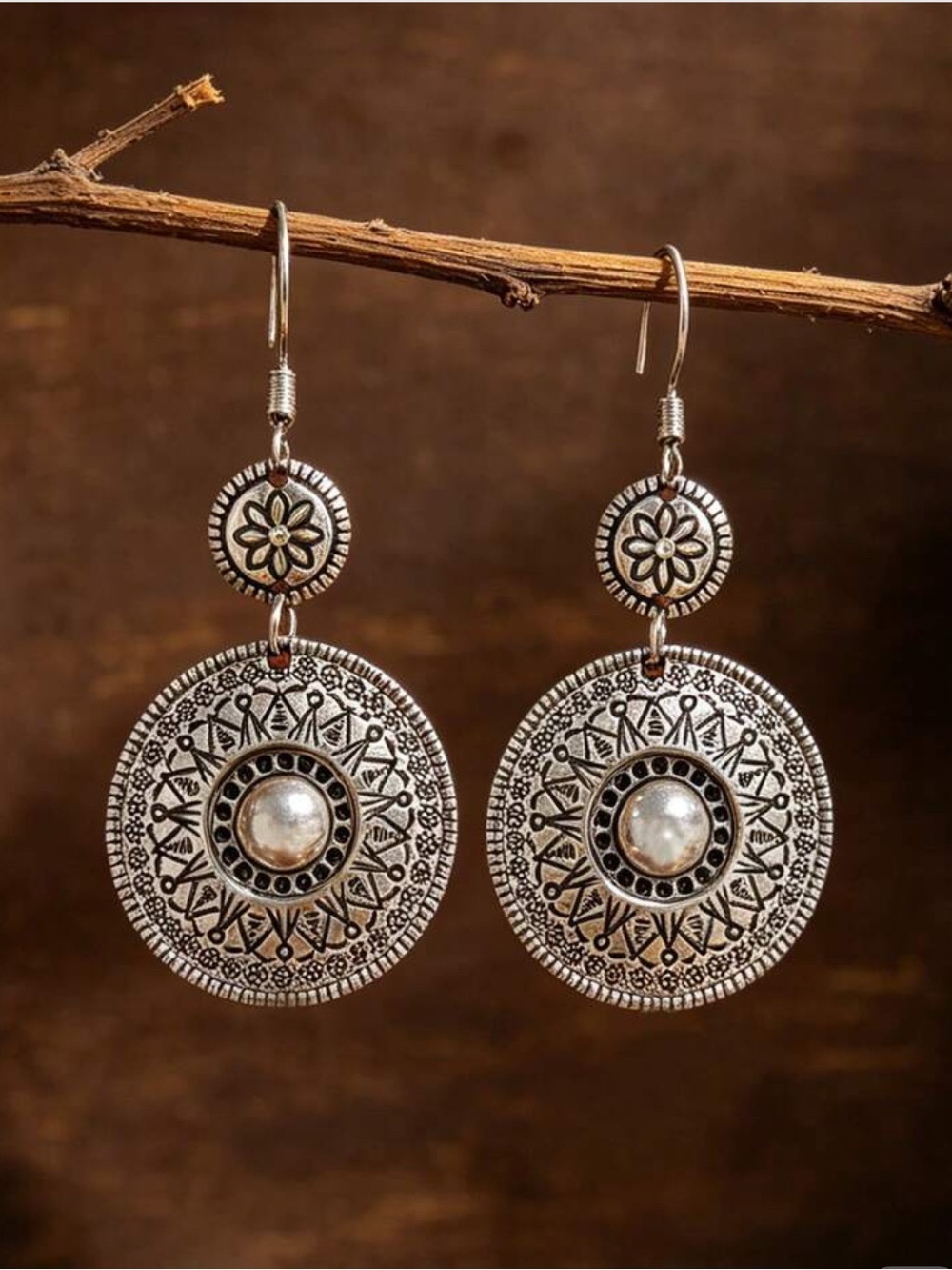 Silver-Tone Filigree Drop Earrings with Pearl Center